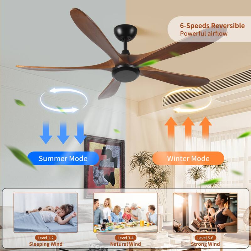 62 Inch Wood Ceiling Fan No Light Remote Low Profile Noiseless Reversible DC Motor Timer