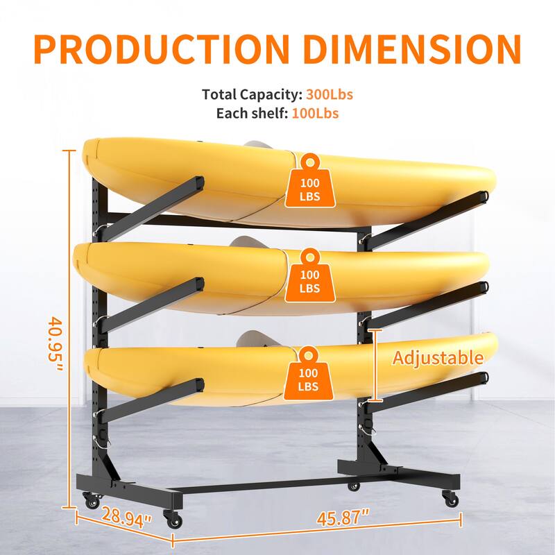41"H Freestanding Kayak Storage Rack - Holds 3 Kayaks, Heavy-Duty Adjustable Stand with Lockable Wheels for Kayak, Canoe