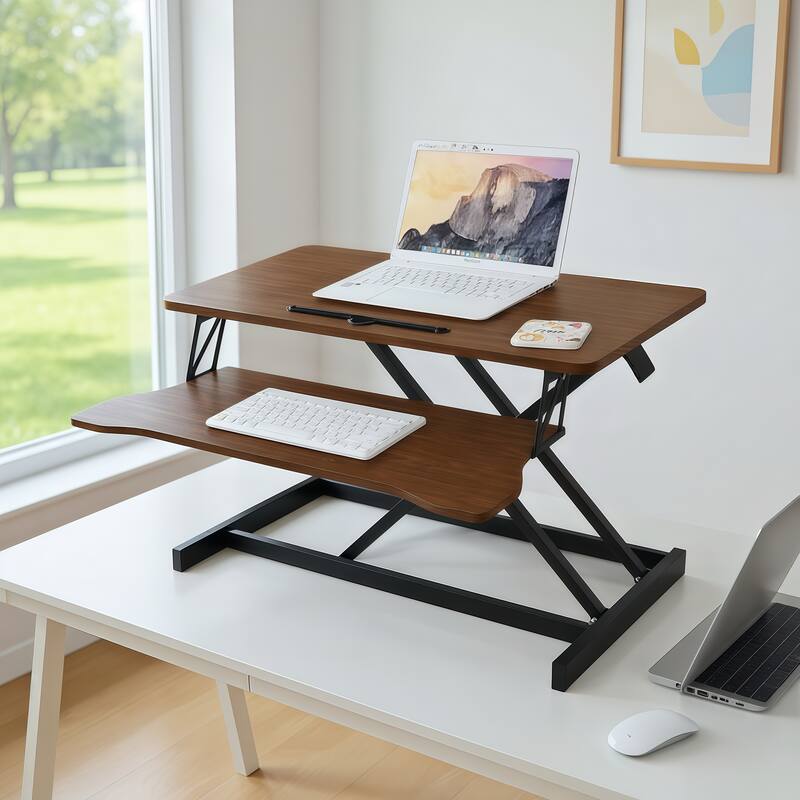 Anmytek 32 Inch Adjustable Sit to Stand Desk Converter Dual Monitor Riser Walnut