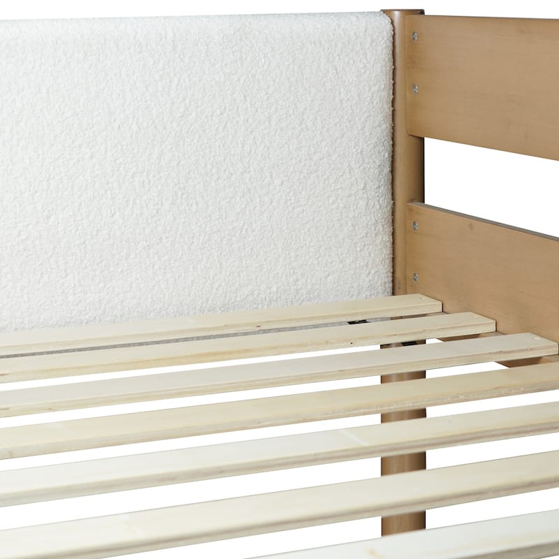 Twin Size Loft Bed Natural Bed Frame with Ladder, Guardrails, Underbed Desk, Teddy Fleece Fabric Headboard Footboard for Student