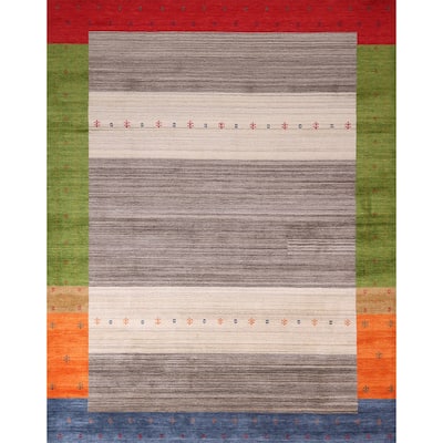 Striped Gabbeh Indian Area Rug Hand-Knotted Beige Wool Carpet - 8'4" x 9'8"