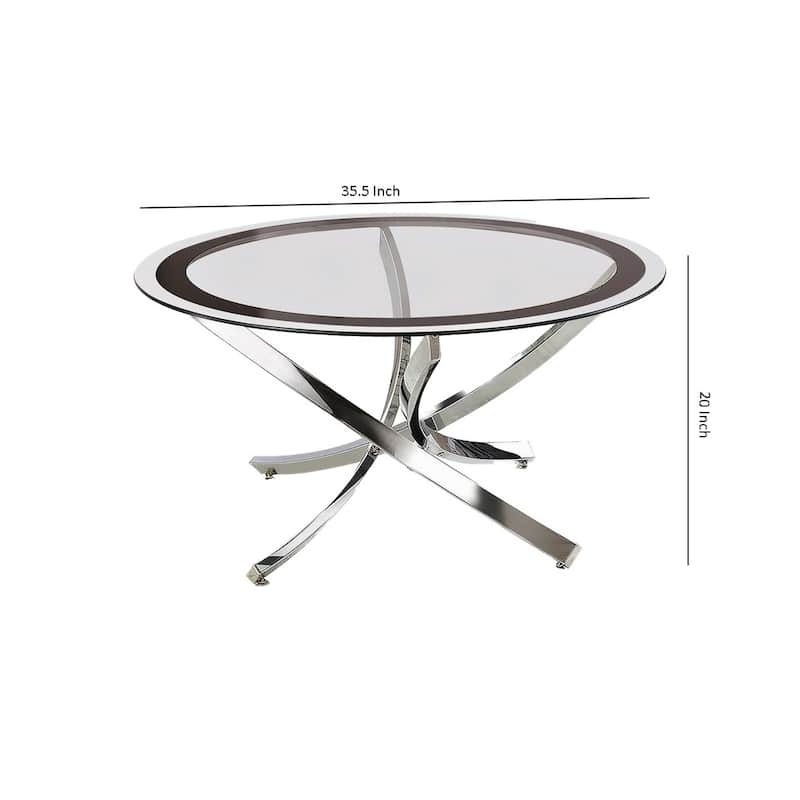 Round Tempered Glass Top Coffee Table with Metal Legs, Silver and Clear - 20 H x 35.5 W x 35.5 L Inches