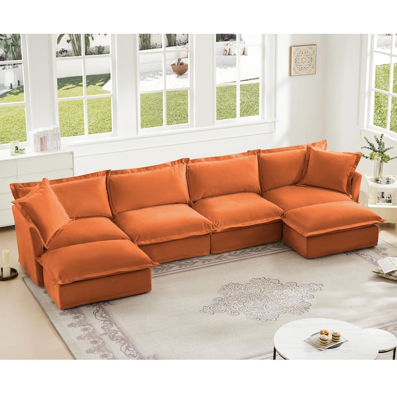 Wide & Deep 4- Seat Slipcovered U-Shape Chenille Sectional Sofa Couch - Orange