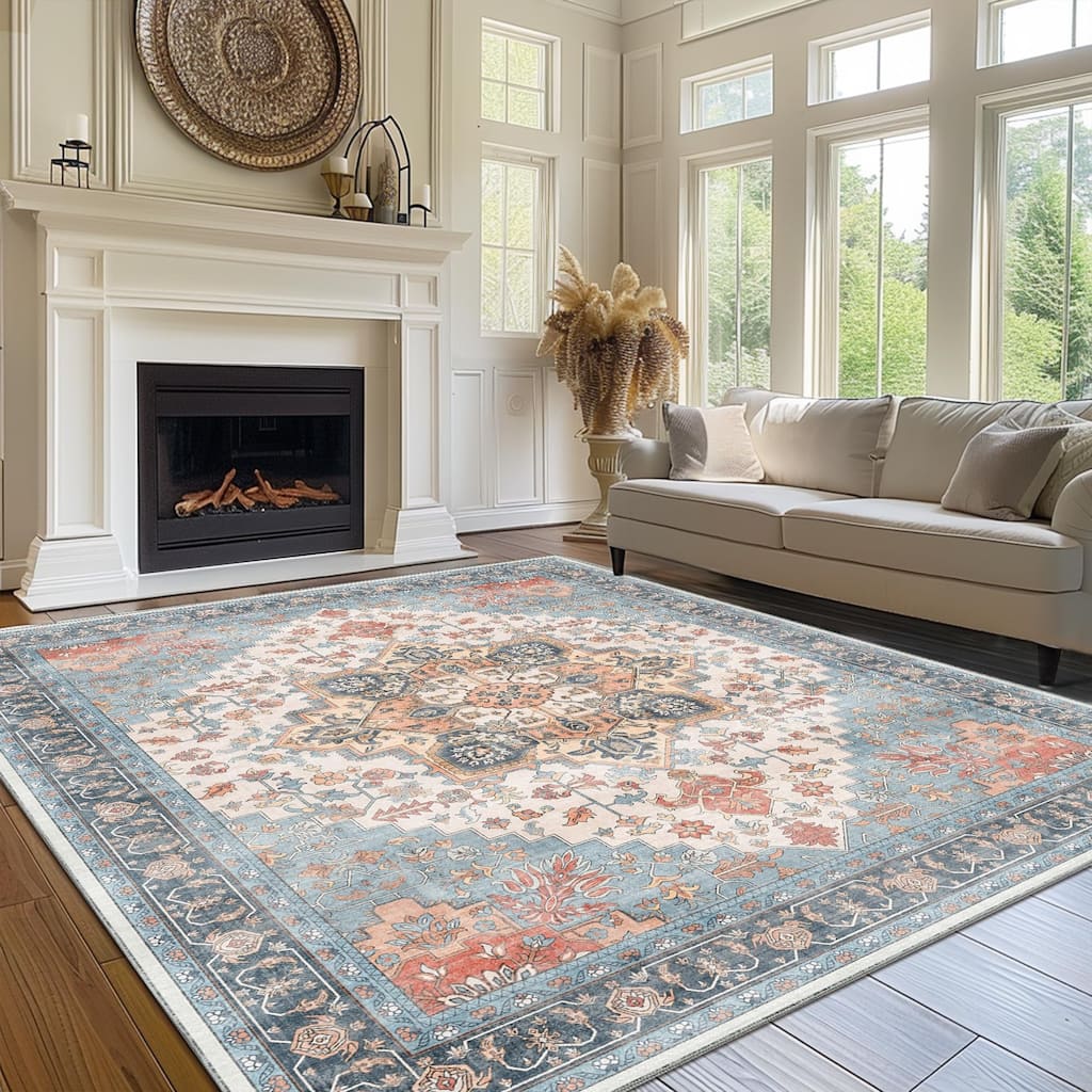 Mcow Blue-Orange Low-Pile Machine Washable Non-Slip Area Rug - 8'X10'