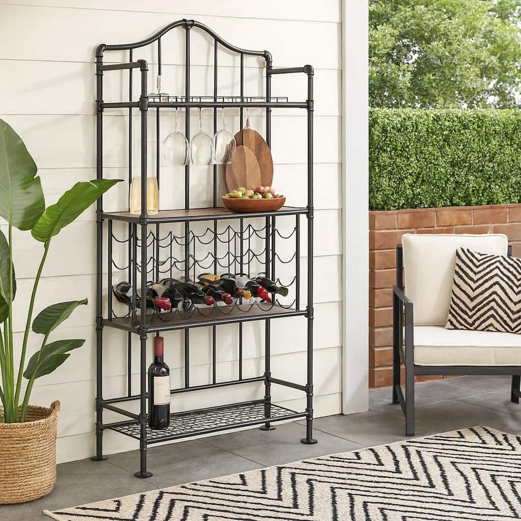 Ada 73 Inch Wine Bar Metal Rack With Shelves, Stemware, Oak Brown