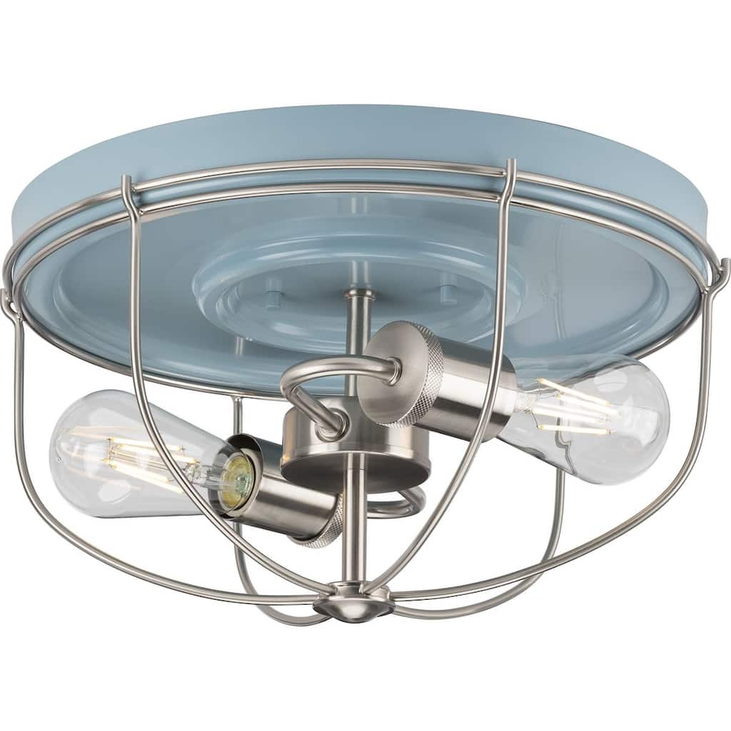 Medal Collection 2-Light Coastal Blue Industrial Flush Mount Ceiling Light - 14.5 in x 14.5 in x 7.88 in