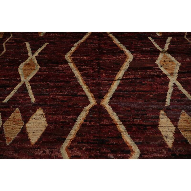 Hand Knotted Oriental 100% Wool Carpet Modern Tribal Red Moroccan Area Rug - 9' 9'' X 8' 3''