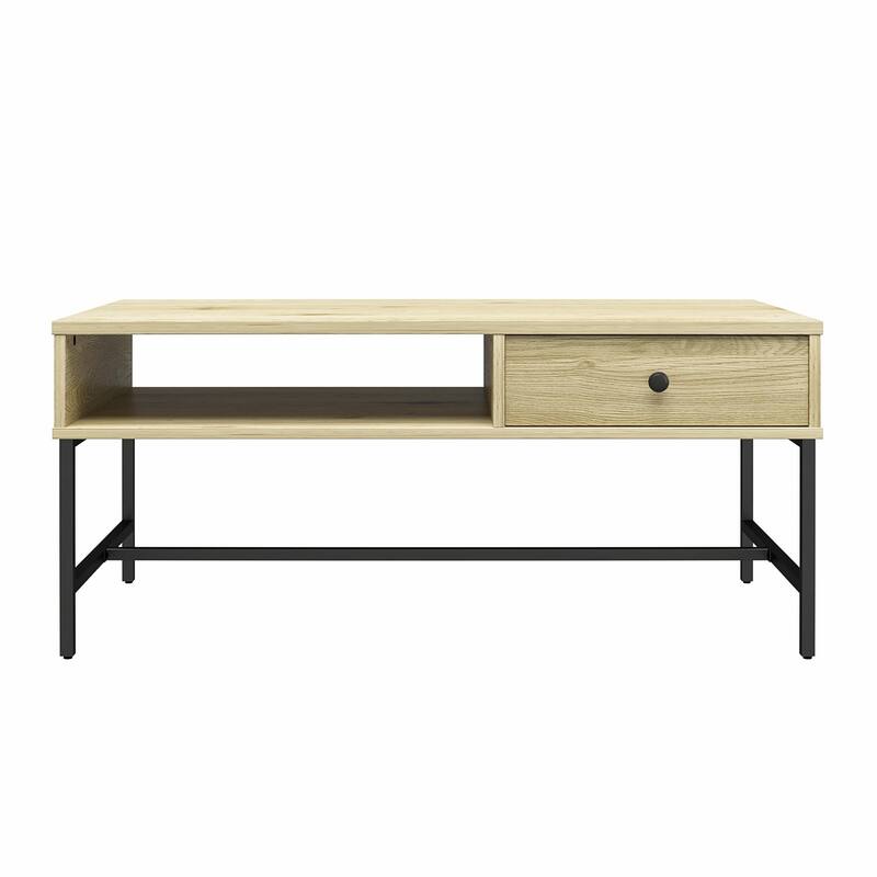 Roomfitters Brookville Coffee Table with Pass-Through Shelf and Side Drawer, Natural Wood