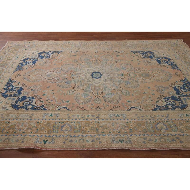 Distressed Mashad Persian Antique Area Rug Handmade Wool Carpet - 6'6" x 9'8"