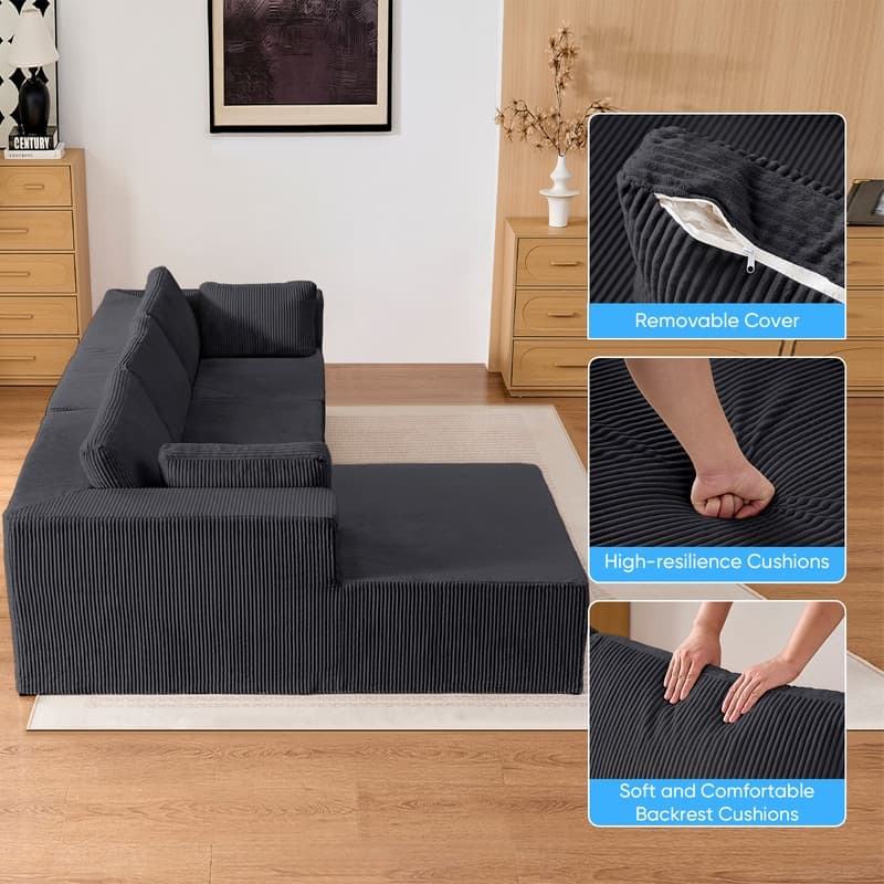 Mixoy 3-Pcs Free Combination Modular Sectional Sofas,Corduroy Compressed L-Shaped Sofa with Flexible Configuration - 3-Seater