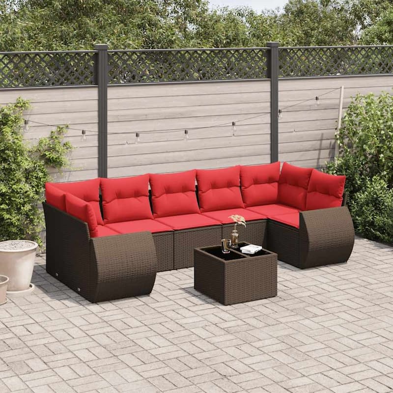 vidaXL Patio Sofa Set with Cushions Outdoor Furniture 8 Piece Poly Rattan - 24.4 x 24.4 x 27.2 - Brown and Red
