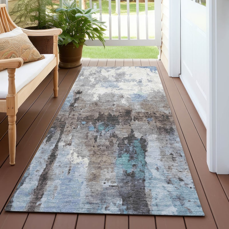 Machine Washable Indoor/ Outdoor Abstract Modern Chantille Rug - Blue - 2'3" x 7'6"