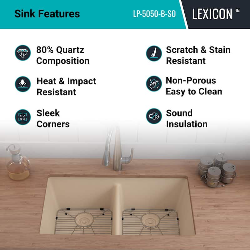 Lexicon Double Bowl 50/50 Undermount Granite Kitchen sink Galaxy Beige - 19" W x 32" L x 9.75" H