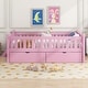 preview thumbnail 1 of 22, Twin Size Platform Bed with 2 Storage Drawers and Guardrail, Montessori Kids Wood Bed, No Box Spring Required Pink - Twin