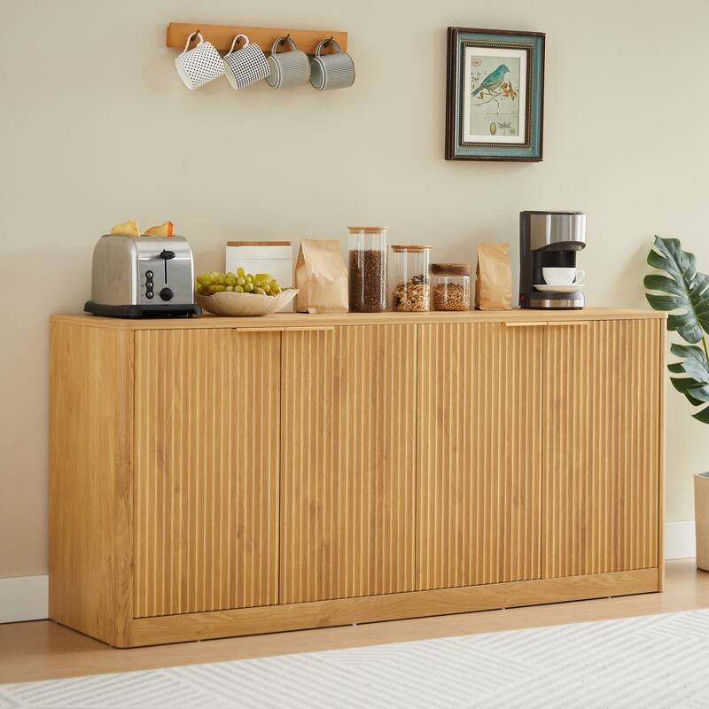 59-Inch Modern Wavy Sideboard, Curved Storage Cabinet with 4 Doors for Living Room, Kitchen & Bedroom - Brown