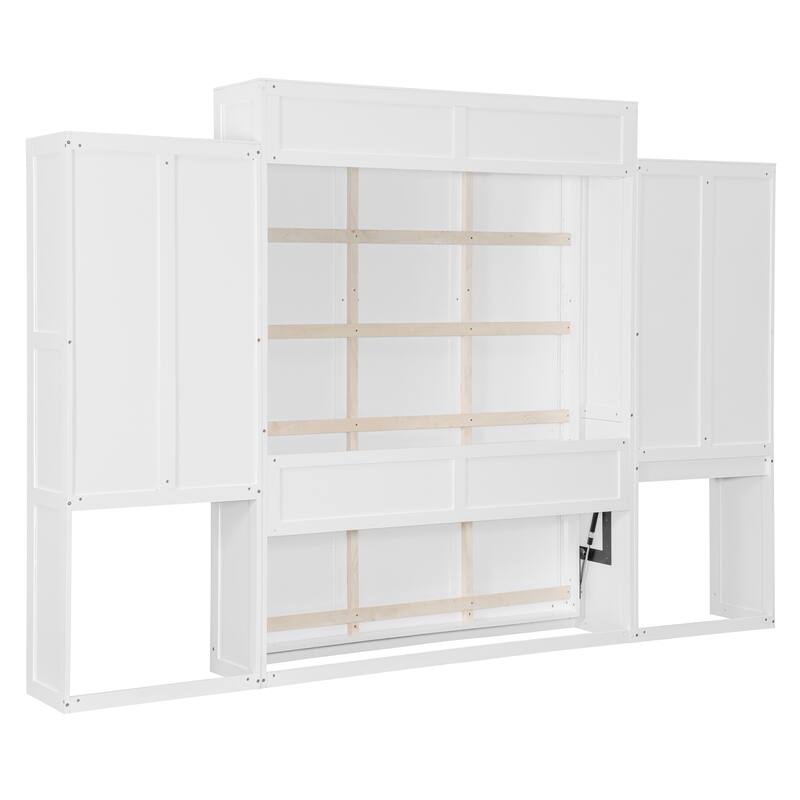 Queen Size Murphy Bed with 2 Doors Bookshelf and Vanity, Traditional Solid Wood Wall Bed, Can be Folded Platform Bed