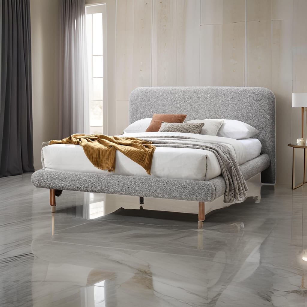 Damazy Queen Bed, Curved Edges, Gray Boucle Upholstery, Brown Wood