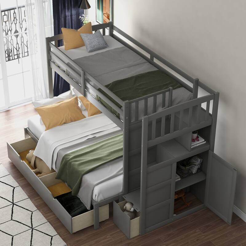Twin Over Twin/Full Bunk Bed, Convertible Bottom Bed, Wood Bedframe