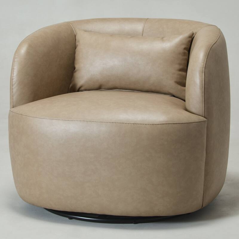 KINWELL 34" Wide Swivel Faux Leather Barrel Armchair Upholstered PU Leather Accent Chairs for Living Room Office Lounge