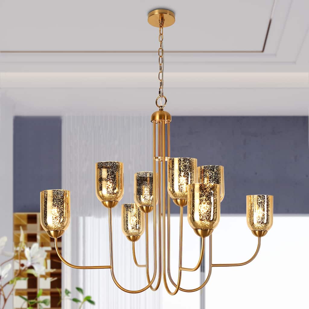 Modern 8-Light Gold Chandelier with Textured Wine Glass Shades for Dining Living Room