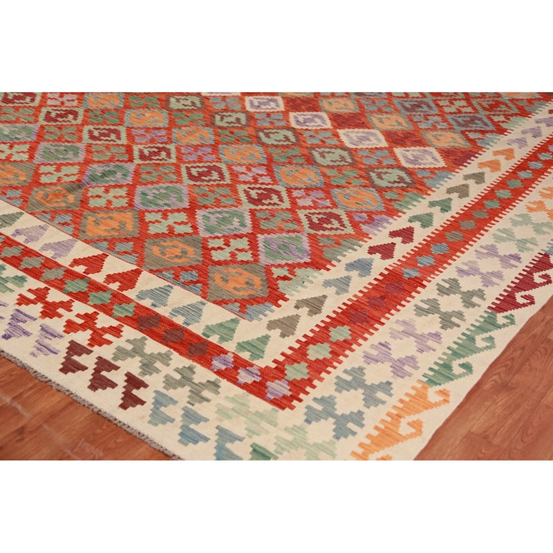 Geometric Kilim Oriental Large Rug Flatweave Tribal Wool Carpet - 10'2"x 16'0"
