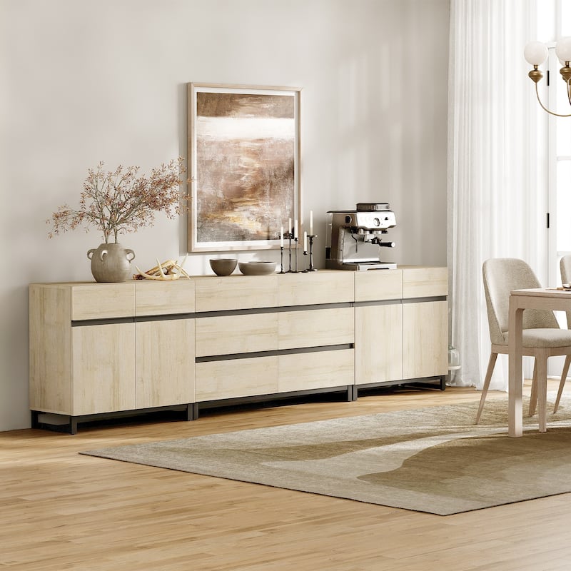 WAMPAT 3 in 1 Multifunctional Sideboard Buffet Cabinets with 6 Glass Doors, Coffee Bar Cabinet Storage Cabinet for Kitchen - 94.5 inches - Beige