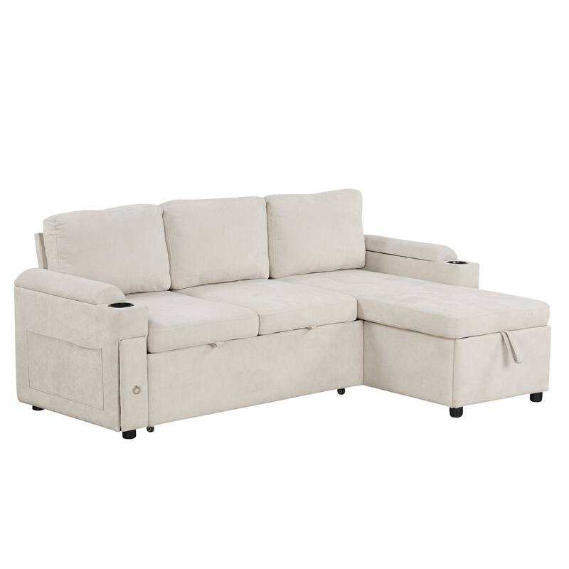 83.5" Chenille L-Shaped Sectional Sofa with Convertible Bed & Storage