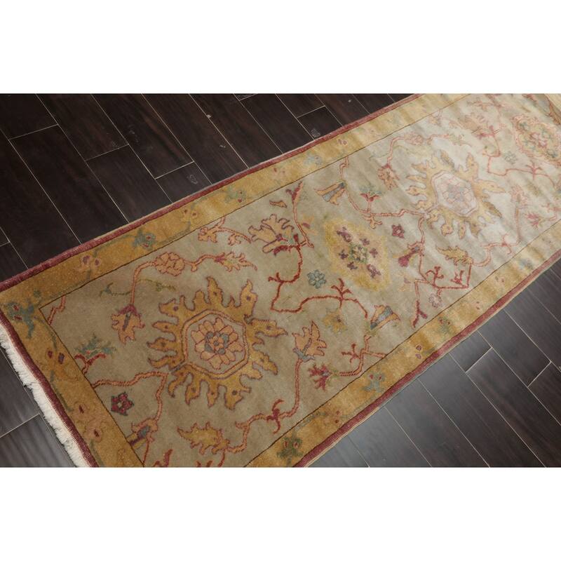 Antique Oushak Traditional Floral 2'10''x7'10'' Hand Knotted Wool Beige Rug - 2' 10'' x 7' 10''