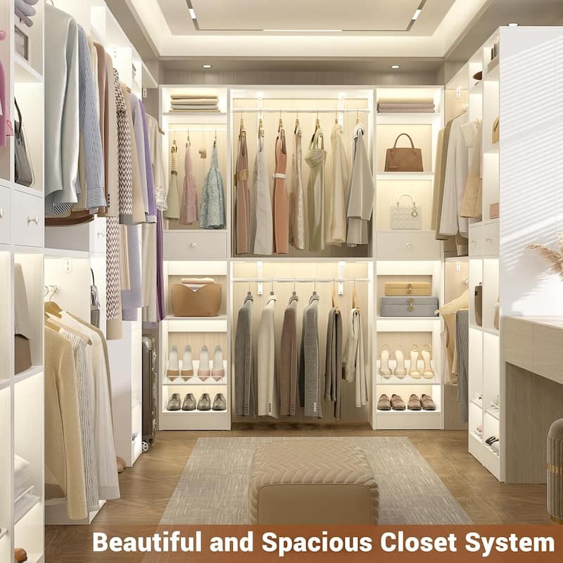 58" W - 90" W Closet System with 3 Hanging Rods and Shelves,Walk in Closet Organizer with 2 Drawers & Shoe Rack,Closet Wardrobe