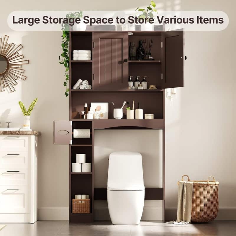 66''H Over The Toilet Storage Cabinet, Bathroom Storage Organizerwith 2 Doors, Paper Holder and Racks, Adjustable Shelf