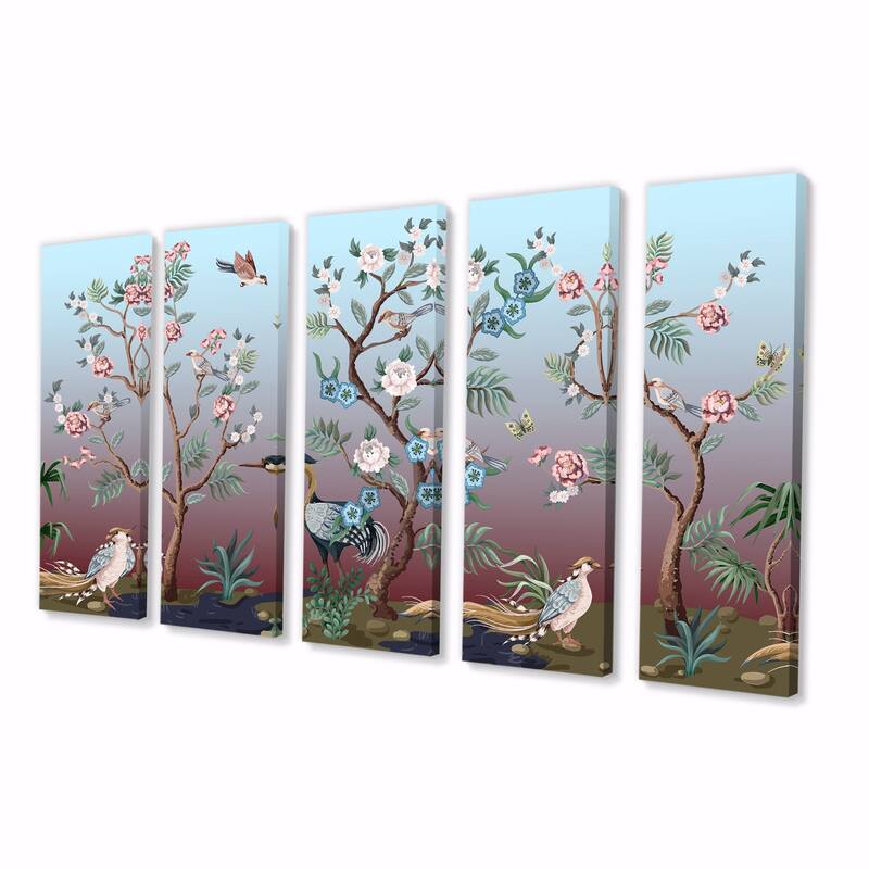 Designart "Chinoiserie With Birds and Peonies XI" Traditional Canvas Wall Art Print