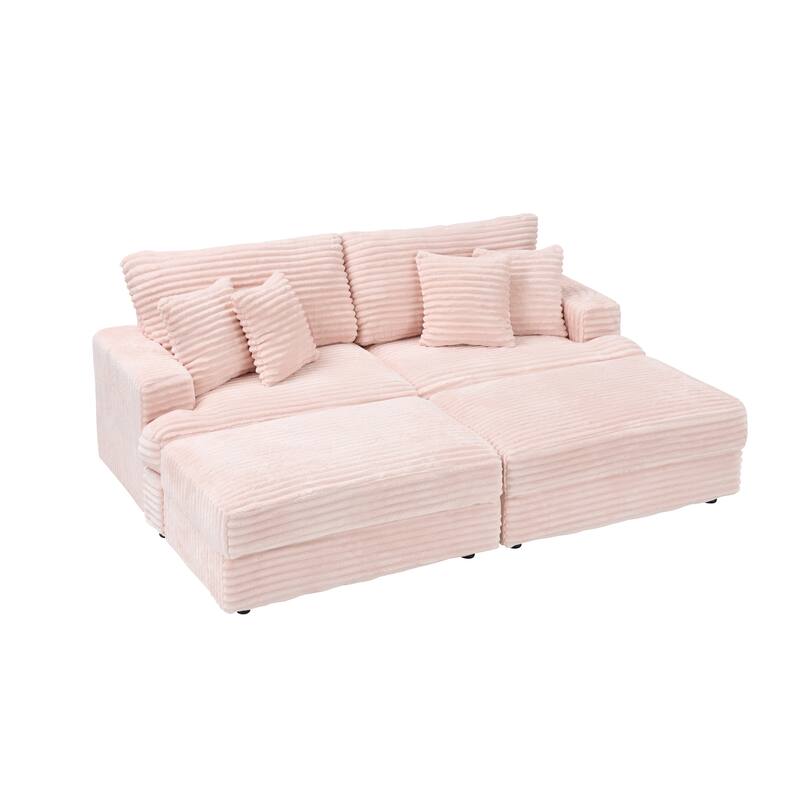 Corduroy Sleeper Sectional Sofa Loveseat Couch with 2 Storage Ottomans