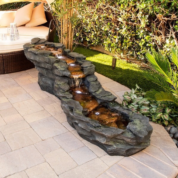 slide 2 of 11, Alpine Corporation 76" Long Outdoor Tiering Rocky River Stream Water Fountain with LED Lights