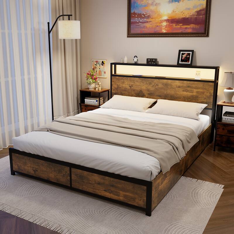 Gymax Full/Queen Industrial Platform Bed Frame with Storage Drawers &