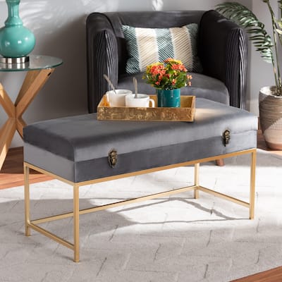 Aliana Glam and Luxe Velvet and Gold Metal Large Storage Ottoman