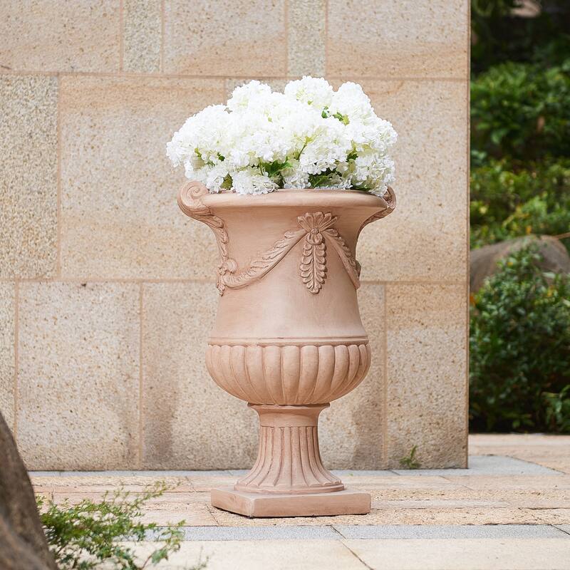 Christopher Knight Home - Fernrise 24.80"H Outdoor Classical Floral Relief Carvings MGO Urn Planter, Drainage Hole & Ventilation