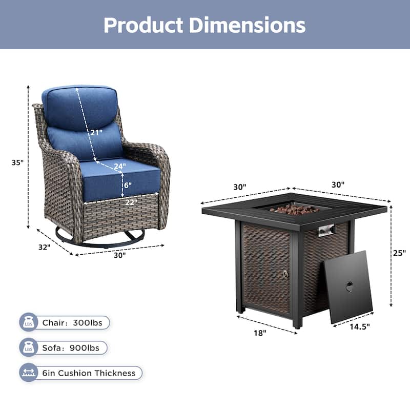 Arcadia 5-Piece Wicker Patio Set with 4 Swivel Glider Chairs and Square All-Iron Fire Pit