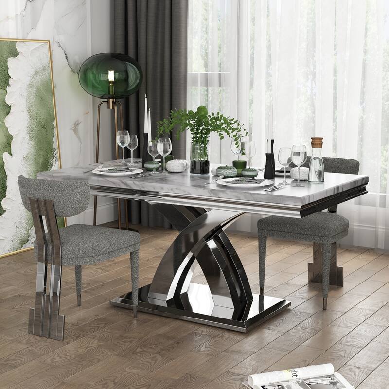 Glam Silver Dining Table Set with 64 inch Dining Table and Black Button Tufted Velvet Dining Chairs