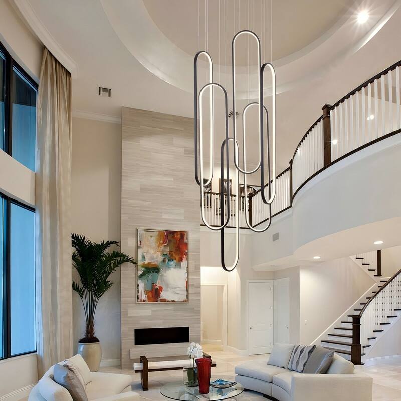 6 Rings Modern Chandelier, LED Black Large Contemporary Light for Staircase, Dimmable High Ceiling Chandeliers