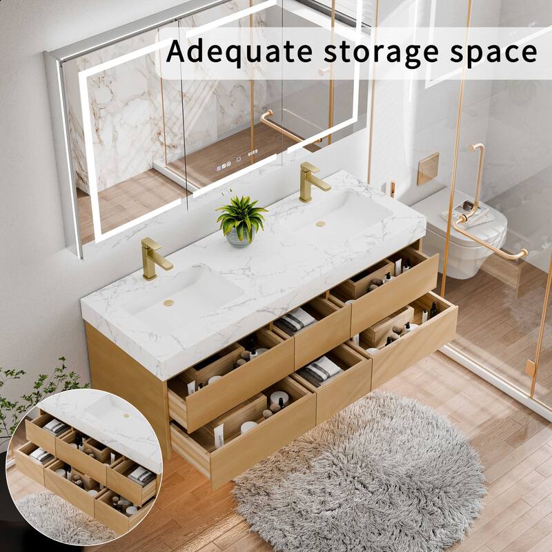 Modland 60" Floating Bathroom Vanity, Modern Maple Wood Wall Mounted Vanity with Marble Countertop,6 Soft-Close Drawers