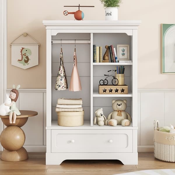 slide 2 of 13, Open Children'S Wardrobe With A Hanging Rod And Open Shelves, One Large Drawer, Low Design Close To The Ground For Easy Access White