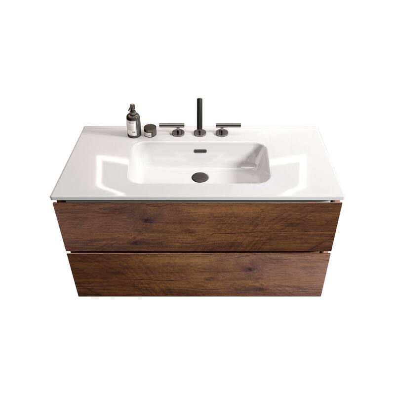 35" White and Walnut Bathroom Vanity with Silent DTC Soft-Closing Drawers, 20% Extra Storage - 36 in ,White+Walnut ,Ceramic+MDF