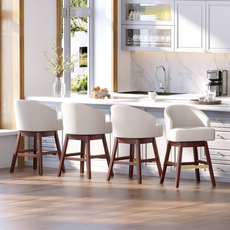 Counter Height Bar Stools Upholstered Solid Wood Swivel Barstool Set of 2/4 - Ivory White - Set of 4