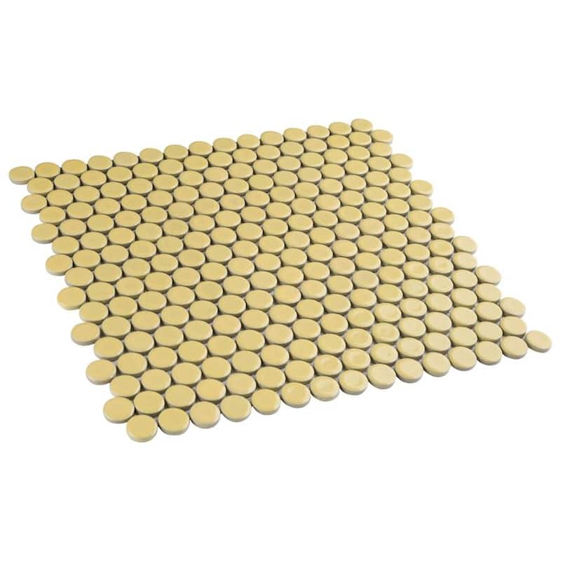 Merola Tile Hudson Penny Round Vintage Yellow 11-7/8 x 12-5/8 Porcelain Mosaic Tile