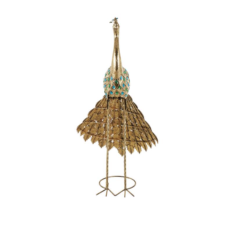 Metal Peacock Garden Sculpture with Blue and Green Jewels - Brass - Roche River Decor