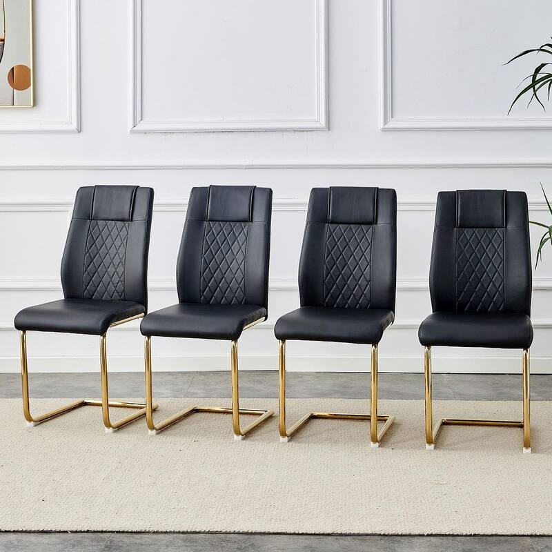 PU Leather Upholstered Dining Chair with Metal Feet - Set of 4 - Black chair /golden legs