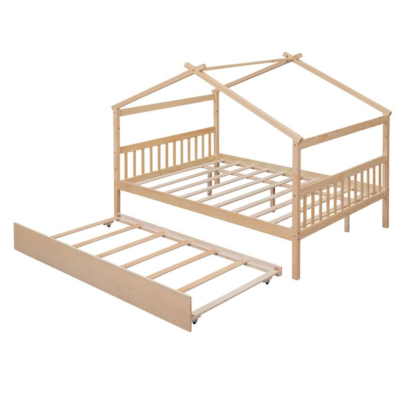 Wooden House Bed with Twin Size Trundle