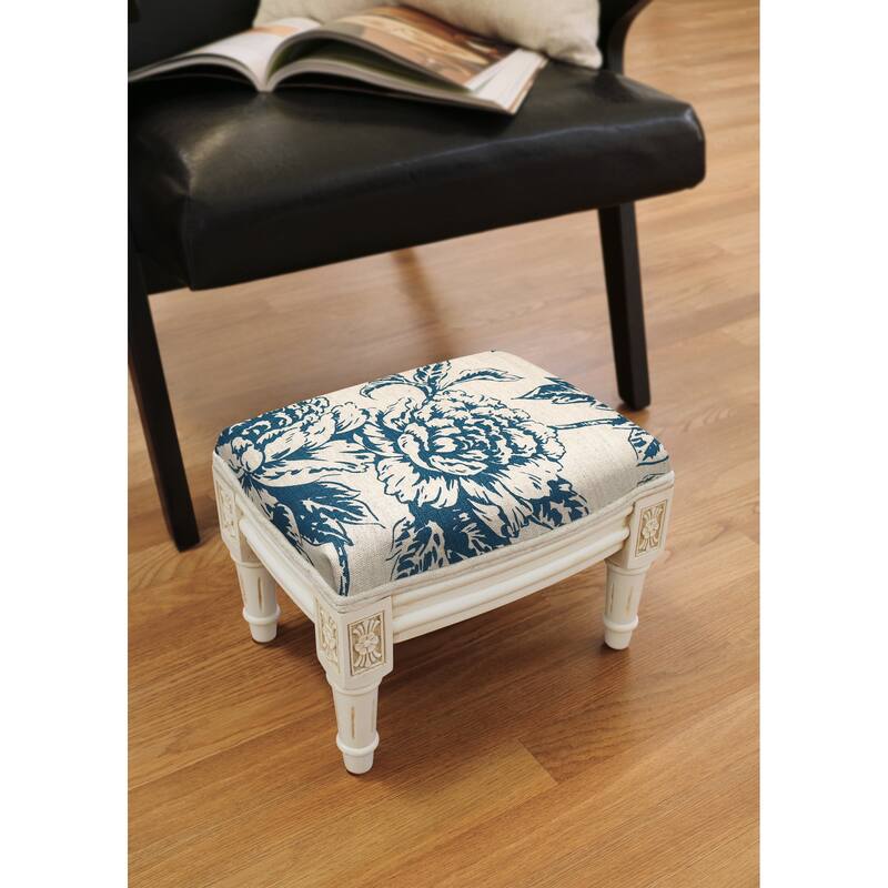 Navy Blue Peony Footstool with antique white finish