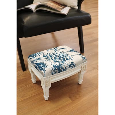 Navy Blue Peony Footstool with antique white finish