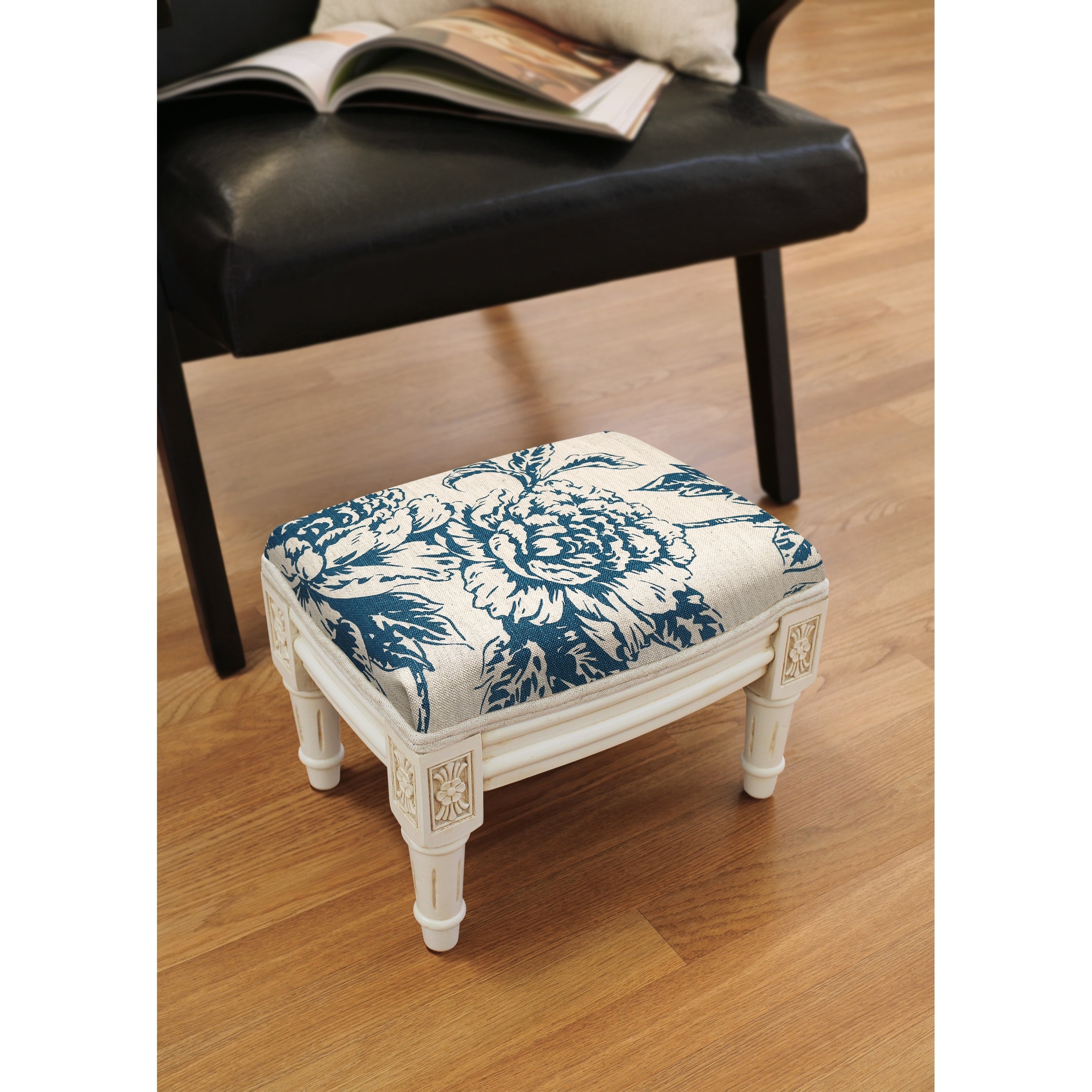 Navy Blue Peony Footstool with antique white finish